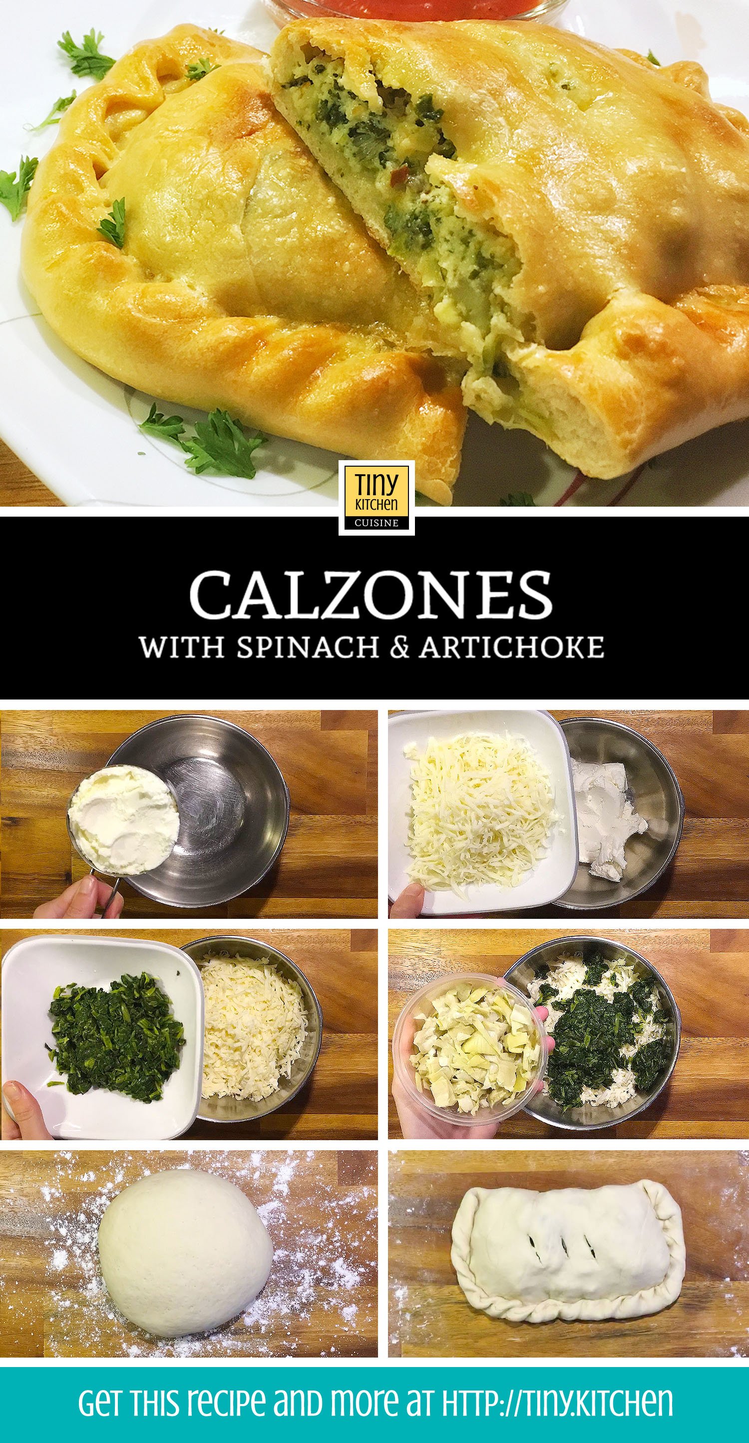 Cooking this Spinach Artichoke Calzone recipe from scratch in a tiny kitchen can be a labor of love but knowing how to make calzones is definitely worth it! | Tiny Kitchen Cuisine | http://tiny.kitchen